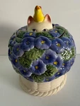 Clay Art Cat In The Primroses Cookie Jar 10" Purple Flowers - Made Portugal. Fixed Price $62.95.