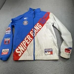 Sniper Gang Racing Jacket Mens Small Blue White Full Zip Windbreaker Patches. Fixed Price $24.69.